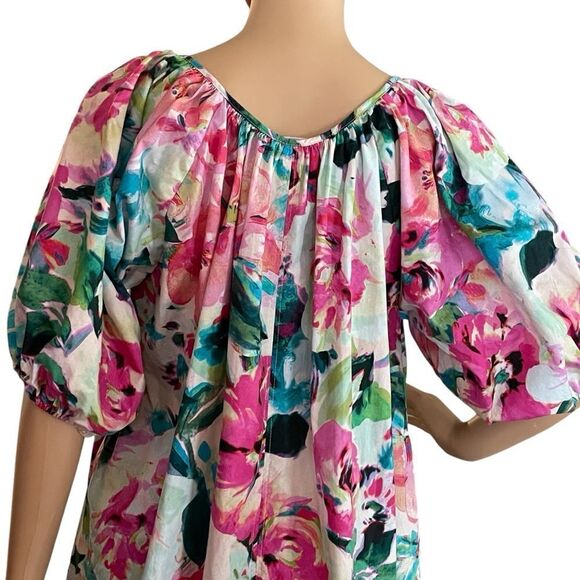 H&M PUFF-SLEEVED TIE-DETAIL FLORAL DRESS White Pink Green Blue Small - Picture 4 of 13